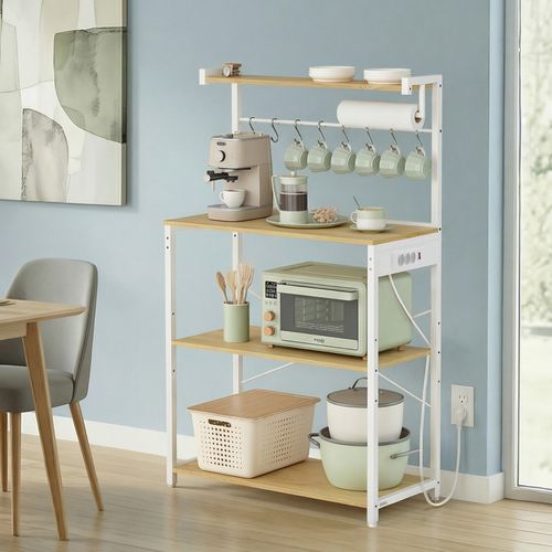 Meuble De Rangement Cuisine Avec Étagère Réglable, 8 Crochets, Bar à Café, 4 Niveaux, Blanc Et Chêne