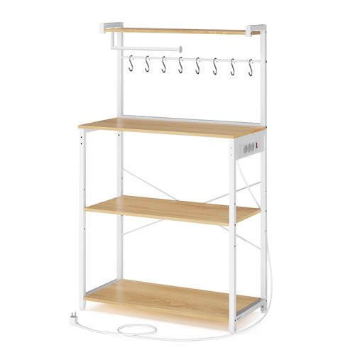 Meuble De Rangement Cuisine Avec Étagère Réglable, 8 Crochets, Bar à Café, 4 Niveaux, Blanc Et Chêne