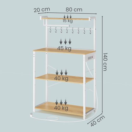 Meuble De Rangement Cuisine Avec Étagère Réglable, 8 Crochets, Bar à Café, 4 Niveaux, Blanc Et Chêne