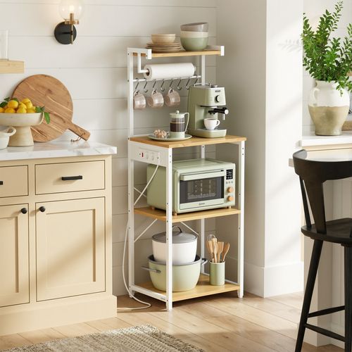 Meuble De Rangement Cuisine Avec Étagère Réglable, 8 Crochets, Bar à Café, 4 Niveaux, Blanc Et Chêne