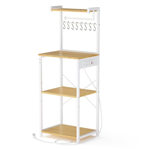 Meuble De Rangement Cuisine Avec Étagère Réglable, 8 Crochets, Bar à Café, 4 Niveaux, Blanc Et Chêne