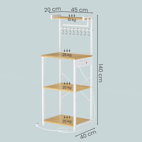 Meuble De Rangement Cuisine Avec Étagère Réglable, 8 Crochets, Bar à Café, 4 Niveaux, Blanc Et Chêne