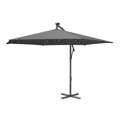 Parasol De 350 Cm De Diamètre, Avec 32 LED, Socle, Manivelle D’ouverture Et De Fermeture, Gris