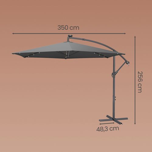 Parasol De 350 Cm De Diamètre, Avec 32 LED, Socle, Manivelle D’ouverture Et De Fermeture, Gris