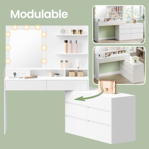 Table De Maquillage Modulable, En Ligne Ou En L, Miroir LED 9 Ampoules, Avec Multiprise, Blanc