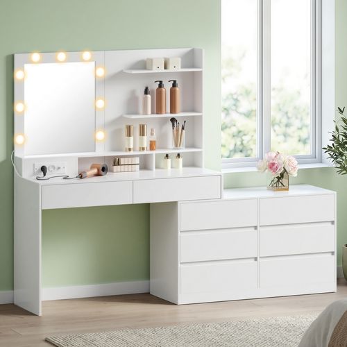 Table De Maquillage Modulable, En Ligne Ou En L, Miroir LED 9 Ampoules, Avec Multiprise, Blanc