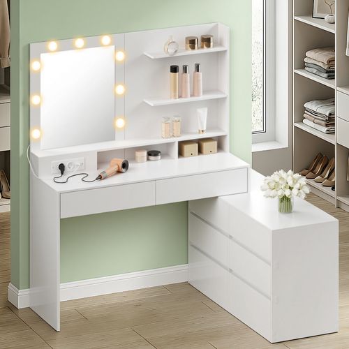 Table De Maquillage Modulable, En Ligne Ou En L, Miroir LED 9 Ampoules, Avec Multiprise, Blanc