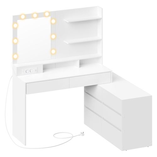 Table De Maquillage Modulable, En Ligne Ou En L, Miroir LED 9 Ampoules, Avec Multiprise, Blanc