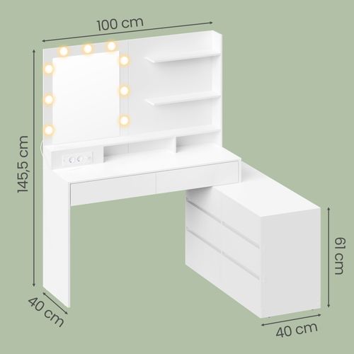 Table De Maquillage Modulable, En Ligne Ou En L, Miroir LED 9 Ampoules, Avec Multiprise, Blanc