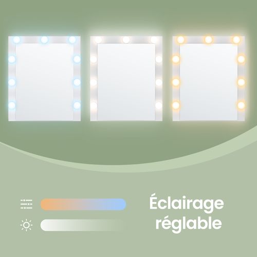 Table De Maquillage Modulable, En Ligne Ou En L, Miroir LED 9 Ampoules, Avec Multiprise, Blanc