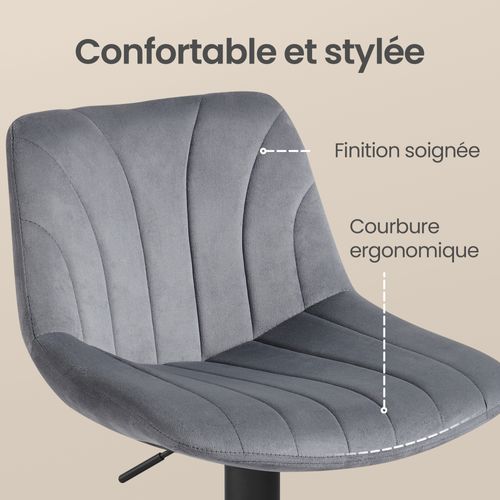 Chaises De Bar Réglables, Tabourets Avec Dossier, Rotation 360°, Velours, Lot De 2, Gris