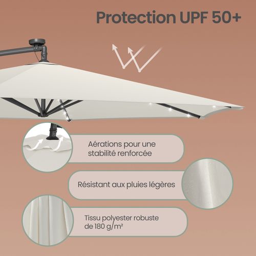 Parasol De 350 Cm De Diamètre, Avec 32 LED, Socle, Manivelle D’ouverture Et De Fermeture, Beige
