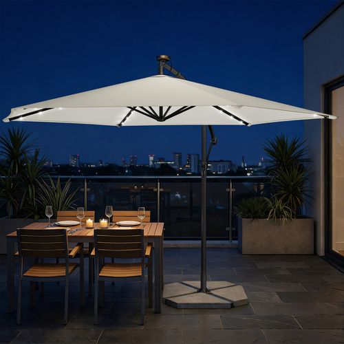 Parasol De 350 Cm De Diamètre, Avec 32 LED, Socle, Manivelle D’ouverture Et De Fermeture, Beige