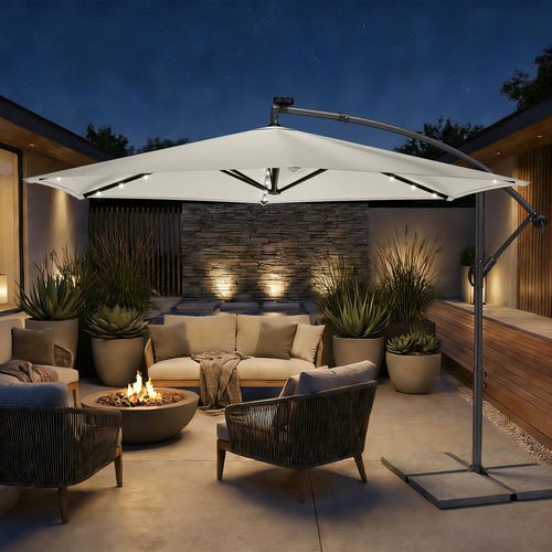 Parasol De 350 Cm De Diamètre, Avec 32 LED, Socle, Manivelle D’ouverture Et De Fermeture, Beige