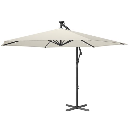 Parasol De 350 Cm De Diamètre, Avec 32 LED, Socle, Manivelle D’ouverture Et De Fermeture, Beige