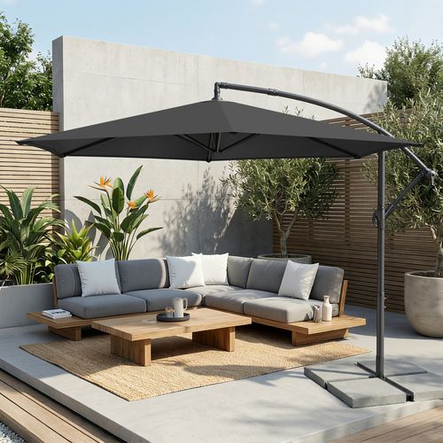 Parasol De 350 Cm De Diamètre, Avec Socle, Manivelle D’ouverture Et De Fermeture, Gris