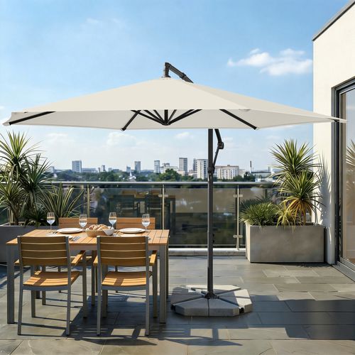 Parasol De 350 Cm De Diamètre, Avec Socle, Manivelle D’ouverture Et De Fermeture, Beige