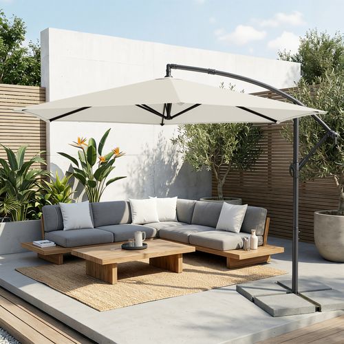 Parasol De 350 Cm De Diamètre, Avec Socle, Manivelle D’ouverture Et De Fermeture, Beige