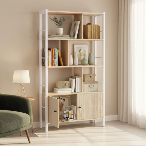 Bibliothèque De Rangement à Portes, Moderne En Acier, Grande Capacité, Beige Et Blanc