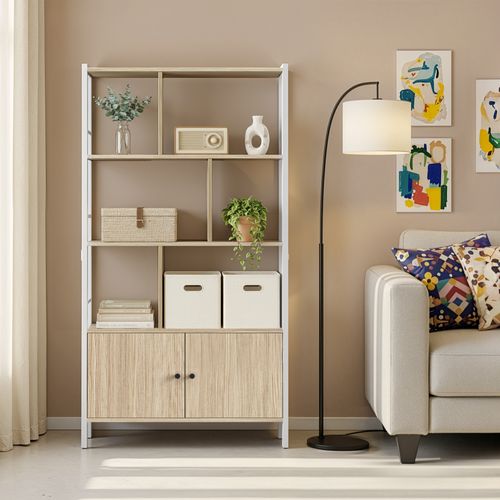Bibliothèque De Rangement à Portes, Moderne En Acier, Grande Capacité, Beige Et Blanc