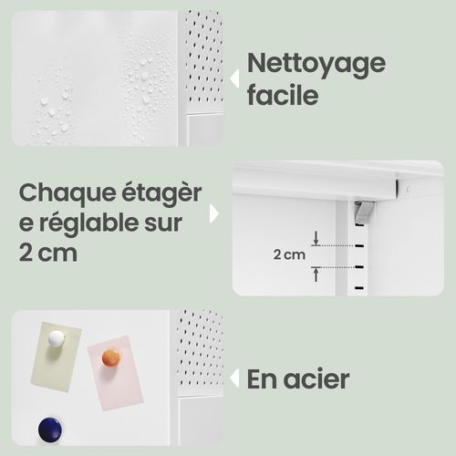 Buffet De Rangement En Acier, Armoire à Double Porte, Fermeture Magnétique, Métal, Blanc Et Chêne