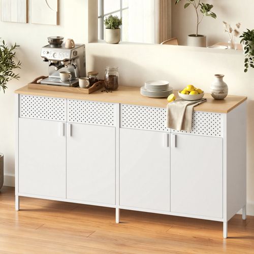 Buffet De Rangement En Acier, Armoire à Double Porte, Fermeture Magnétique, Métal, Blanc Et Chêne