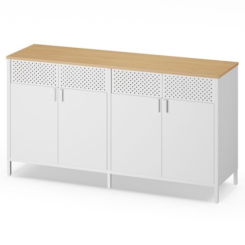 Buffet De Rangement En Acier, Armoire à Double Porte, Fermeture Magnétique, Métal, Blanc Et Chêne