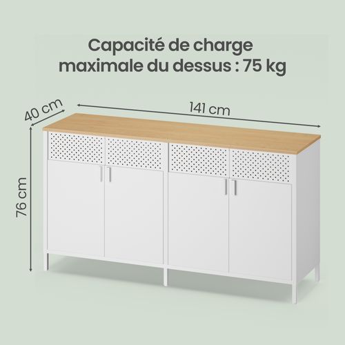 Buffet De Rangement En Acier, Armoire à Double Porte, Fermeture Magnétique, Métal, Blanc Et Chêne