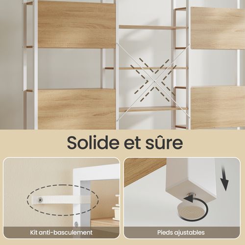 Étagère De Rangement Modulable, Bibliothèque Industrielle à 14 Niveaux, Métal, Blanc Et Chêne