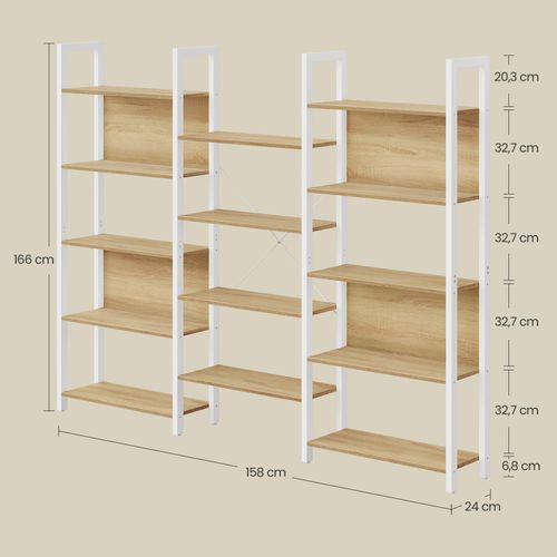 Étagère De Rangement Modulable, Bibliothèque Industrielle à 14 Niveaux, Métal, Blanc Et Chêne