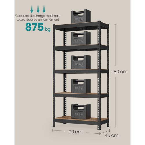 Rayonnage Étagère De Rangement à 5 Tablettes, 45 X 90 X 180 Cm, Charge Jusqu'à 875 Kg, Noir