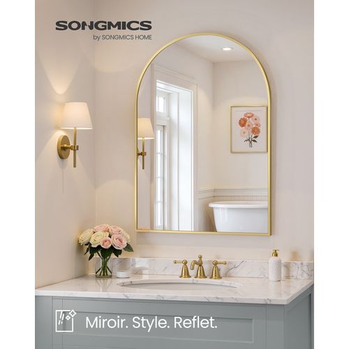Miroir Salle De Bain, Mural Arqué, Cadre En Aluminium, 91 X 61 Cm, Avec Film De Sécurité, Doré Clair