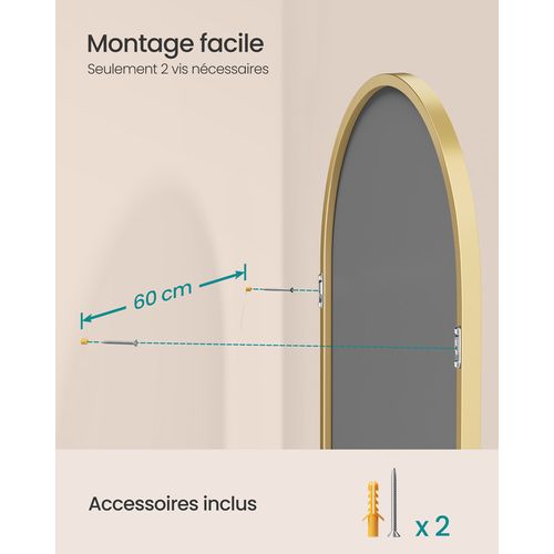 Miroir Salle De Bain, Mural Arqué, Cadre En Aluminium, 91 X 61 Cm, Avec Film De Sécurité, Doré Clair