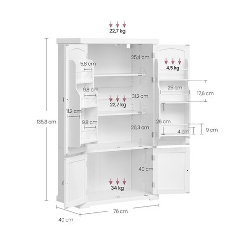 Buffet Haut Cuisine,40 X 76 X 135,8 Cm, Grand Espace, 2 Planches Réglables, 6 Étagères De Porte