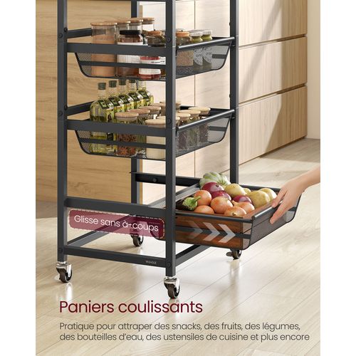 Chariot De Rangement à 5 Niveaux, 31,7 X 40 X 95 Cm, Marron Rustique Et Noir D'encre