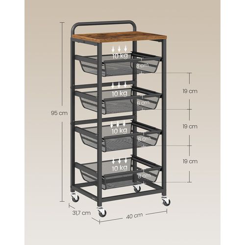 Chariot De Rangement à 5 Niveaux, 31,7 X 40 X 95 Cm, Marron Rustique Et Noir D'encre