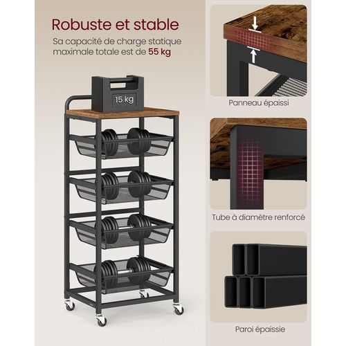 Chariot De Rangement à 5 Niveaux, 31,7 X 40 X 95 Cm, Marron Rustique Et Noir D'encre