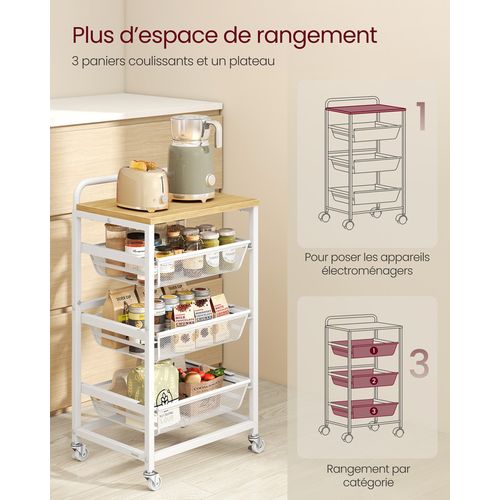 Chariot De Rangement à 4 Niveaux, Avec Poignée, 31,7 X 40 X 76 Cm, Doré Chêne Et Blanc Mat