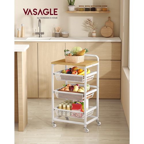 Chariot De Rangement à 4 Niveaux, Avec Poignée, 31,7 X 40 X 76 Cm, Doré Chêne Et Blanc Mat