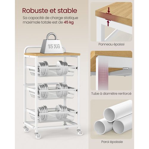 Chariot De Rangement à 4 Niveaux, Avec Poignée, 31,7 X 40 X 76 Cm, Doré Chêne Et Blanc Mat