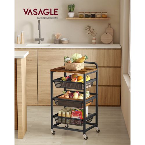 Chariot De Rangement à 4 Niveaux, Avec Poignée, 31,7 X 40 X 76 Cm, Marron Rustique Et Noir D'encre