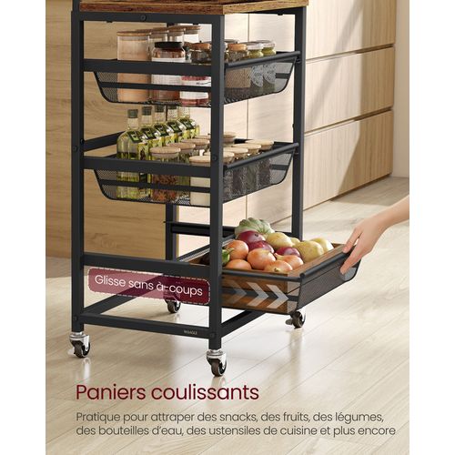 Chariot De Rangement à 4 Niveaux, Avec Poignée, 31,7 X 40 X 76 Cm, Marron Rustique Et Noir D'encre