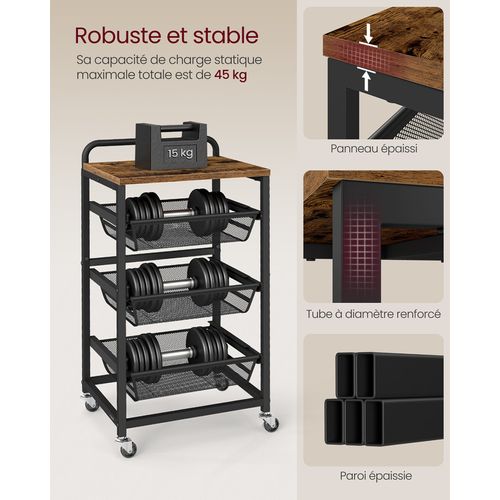 Chariot De Rangement à 4 Niveaux, Avec Poignée, 31,7 X 40 X 76 Cm, Marron Rustique Et Noir D'encre