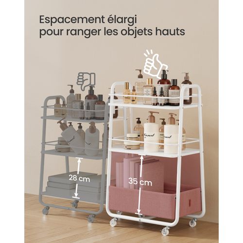Chariot De Rangement Avec Panier En Tissu, Chariot à Roulettes à 3 Niveaux, Blanc Et Marron