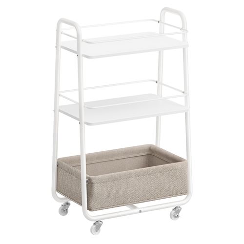 Chariot De Rangement Avec Panier En Tissu, Chariot à Roulettes à 3 Niveaux, Blanc Et Marron