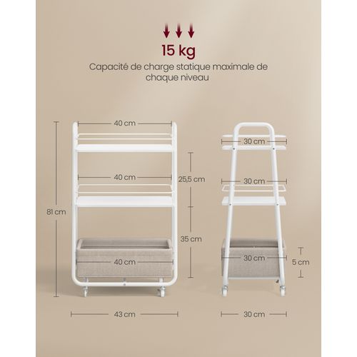 Chariot De Rangement Avec Panier En Tissu, Chariot à Roulettes à 3 Niveaux, Blanc Et Marron