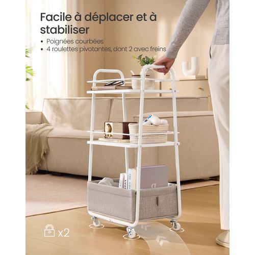 Chariot De Rangement Avec Panier En Tissu, Chariot à Roulettes à 3 Niveaux, Blanc Et Marron