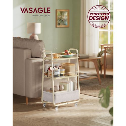 Chariot De Rangement Avec Panier En Tissu, Chariot à Roulettes à 3 Niveaux, Beige Et Blanc