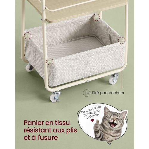 Chariot De Rangement Avec Panier En Tissu, Chariot à Roulettes à 3 Niveaux, Beige Et Blanc