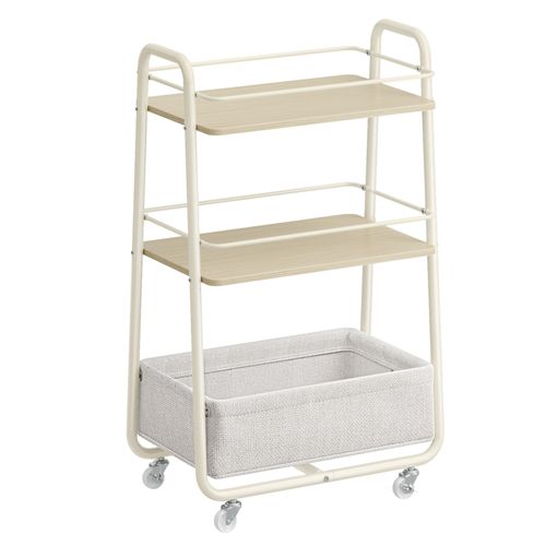 Chariot De Rangement Avec Panier En Tissu, Chariot à Roulettes à 3 Niveaux, Beige Et Blanc